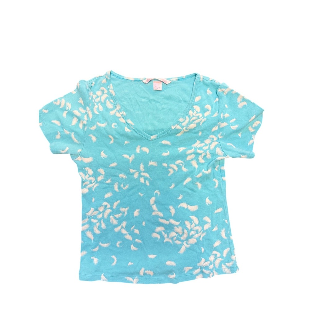 Victorias Secret Turquoise Blue Feather Print V-Neck Cotton T-Shirt Small